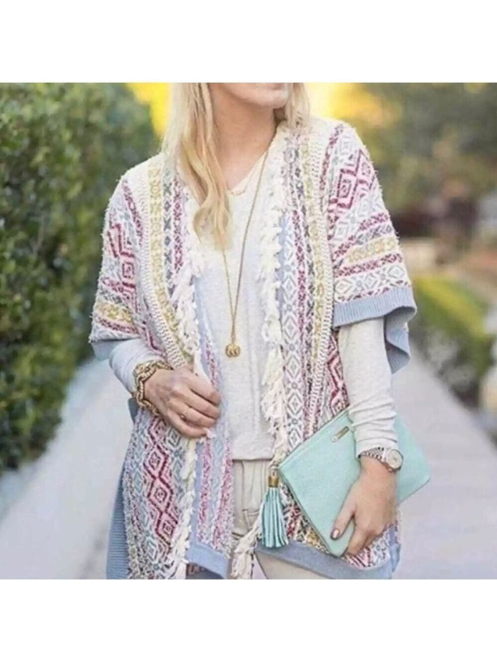 CAbi Fringe Trim Knit Oversized Poncho Sweater Med/Lg Boho Coastal